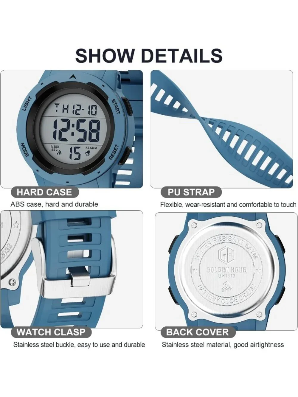 Men's All Blue Analog Quartz Rubber Strap Military Waterproof LED Digital Watch